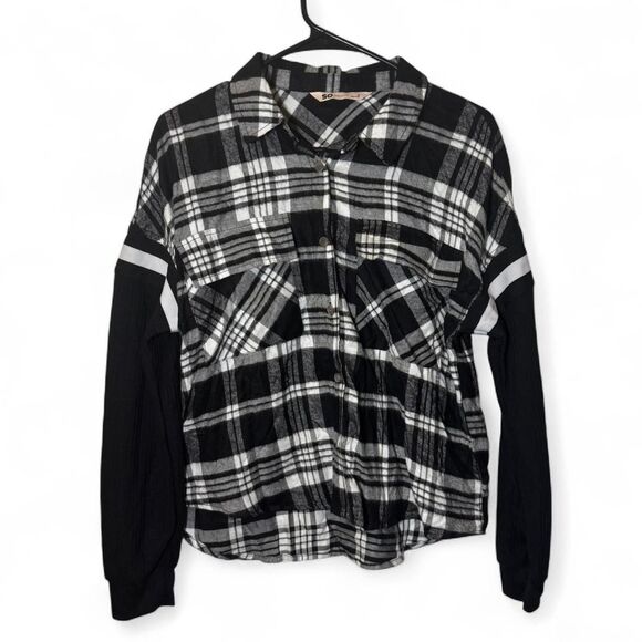 SO Small Plaid Flannel Ribbed Sleeve Button Down Grunge Cozy Top - Picture 1 of 6